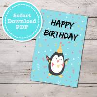 Geburtstagskarte Pinguin, Klappkarte mit Innenseite als sofort Download, PDF Bild 1