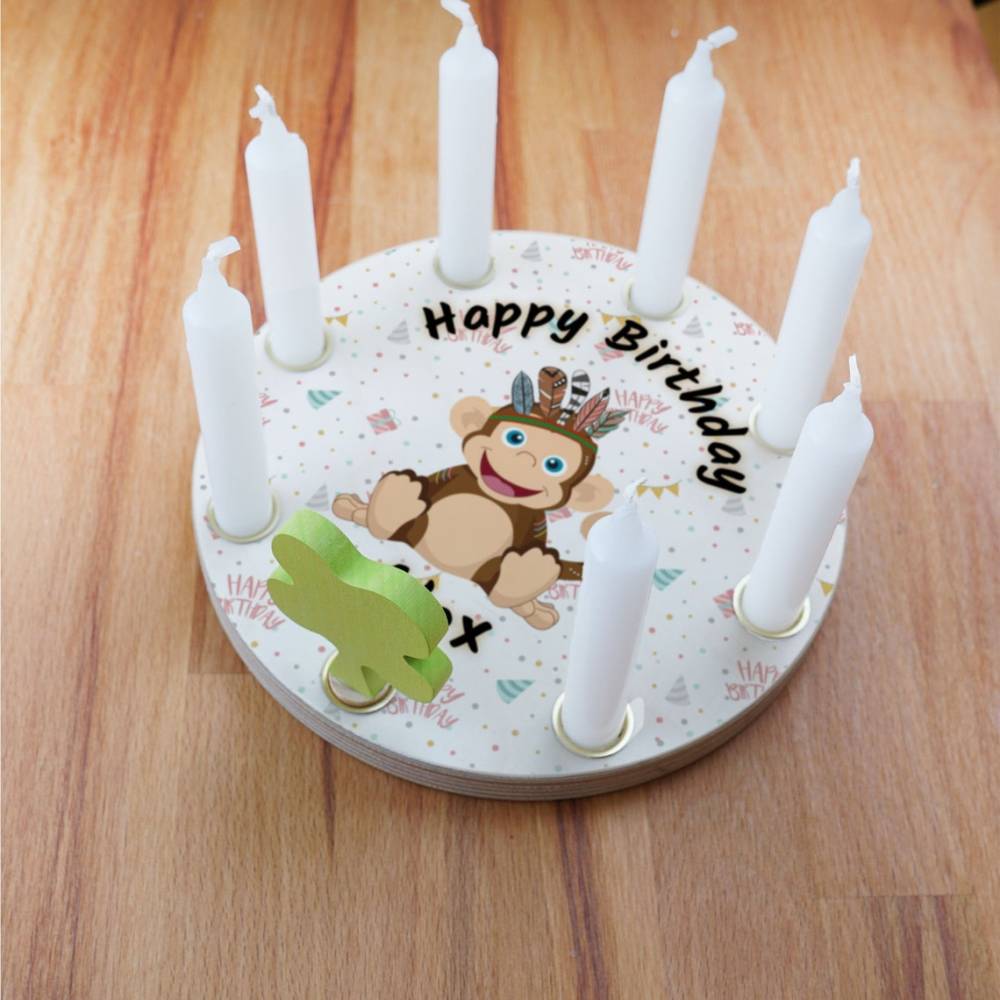 Geburtstagsring aus Holz, mit 8 Löchern kompatibel zu Grimm Tischdekoration für Kindergeburtstag, Kerzenring, Affe Bild 1