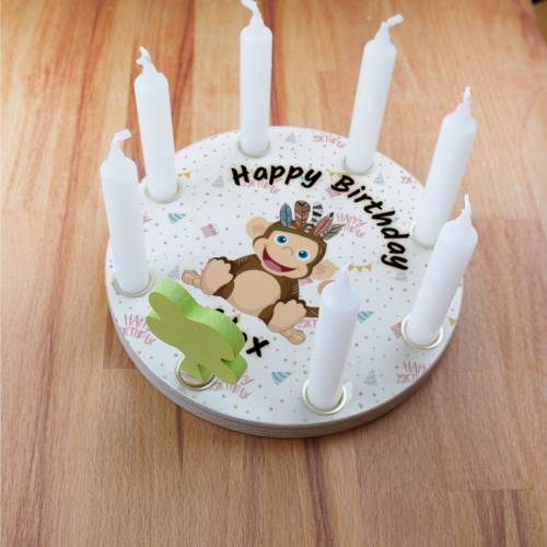 Geburtstagsring aus Holz, mit 8 Löchern kompatibel zu Grimm Tischdekoration für Kindergeburtstag, Kerzenring, Affe