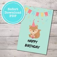 Geburtstagskarte mit süßen Eichhörnchen, Klappkarte mit Innenseite als sofort Download, PDF Bild 1