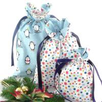 weihnachtliche Geschenkbeutel im 3er-Pack mit Pinguinen | Geschenkverpackung aus Stoff | Nikolaus Säckchen Bild 2