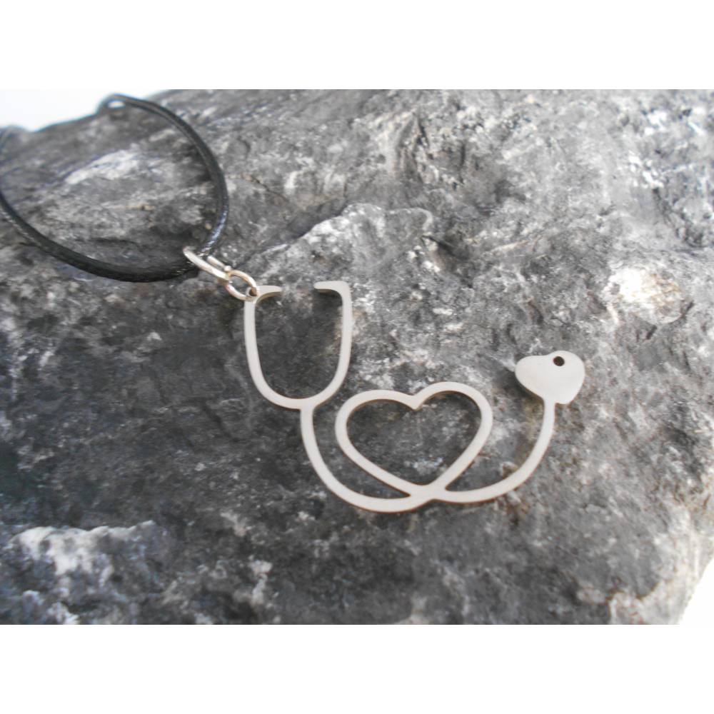 Stethoskop mit   Halskette Kette schwarz Kunstleder oder Lederkette Bild 1