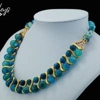 Halskette Damen Edelsteinkette Collier Schmuck blaue Achat 18K Gold vergoldet Statement Bild 2