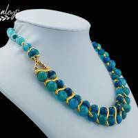 Halskette Damen Edelsteinkette Collier Schmuck blaue Achat 18K Gold vergoldet Statement Bild 3