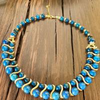 Halskette Damen Edelsteinkette Collier Schmuck blaue Achat 18K Gold vergoldet Statement Bild 4