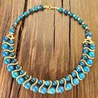 Halskette Damen Edelsteinkette Collier Schmuck blaue Achat 18K Gold vergoldet Statement Bild 5