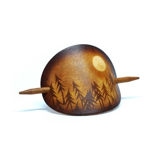 Leder Haarspange – OX Antique Lion Moon Forest – Vickys World - Rindsleder & Holz