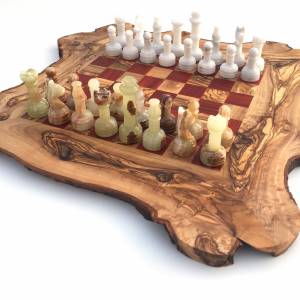 Schachspiel rustikal aus Olivenholz Schachbrett Gr.L inkl.32er Schachfiguren aus Onyx Marmor Naturprodukt Handarbeit Ges Bild 4