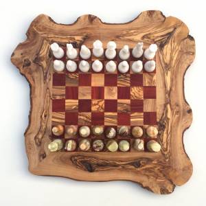 Schachspiel rustikal aus Olivenholz Schachbrett Gr.L inkl.32er Schachfiguren aus Onyx Marmor Naturprodukt Handarbeit Ges Bild 5