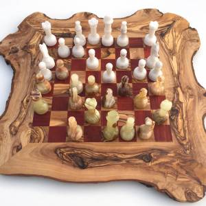 Schachspiel rustikal aus Olivenholz Schachbrett Gr.L inkl.32er Schachfiguren aus Onyx Marmor Naturprodukt Handarbeit Ges Bild 6