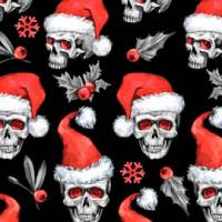 Weihnachten-Stoffe Baumwolldruck Totenkopf mit Nikolausmütze Skulls  Weihnachtstotenköpfe Totenköpfe rot weiß schwarz Bild 1