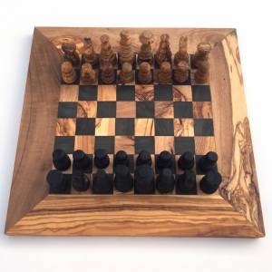 Schachspiel gerade Kante, Schachbrett Gr. M inkl. 32 Schachfiguren Handgemacht aus Olivenhoolz, hochwertig, Geschenkidee Bild 1