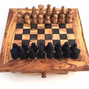 Schachspiel gerade Kante, Schachtisch Gr. L inkl. 32 Schachfiguren, Handgemacht aus Olivenhoolz, hochwertig, Geschenkide Bild 1