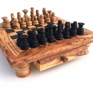 Schachspiel gerade Kante, Schachtisch Gr. L inkl. 32 Schachfiguren, Handgemacht aus Olivenhoolz, hochwertig, Geschenkide Bild 4