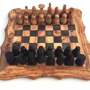 Schachspiel abgerundete Kante, Schachbrett Gr. L inkl. 32 Schachfiguren Handgemacht aus Olivenhoolz, hochwertig, Geschen Bild 1
