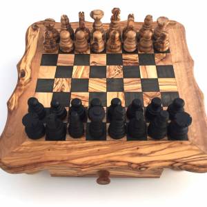 Schachspiel abgerundete Kante, Schachtisch Gr. L inkl. 32 Schachfiguren, Handgemacht aus Olivenhoolz, hochwertig, Gesche Bild 1