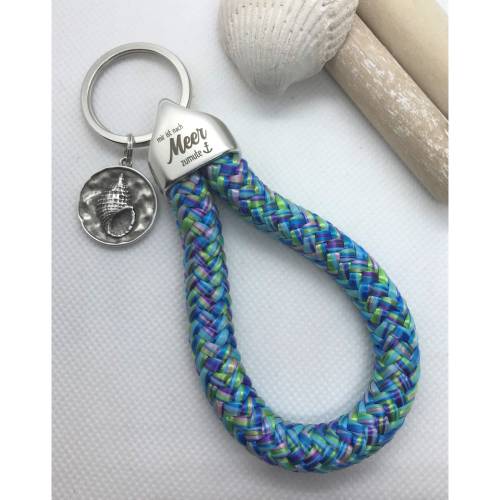 Schlüsselanhänger aus Segelseil/Segeltau, Endstück "mir ist nach Meer zumute", blau/multicolor