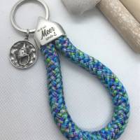 Schlüsselanhänger aus Segelseil/Segeltau, Endstück "mir ist nach Meer zumute", blau/multicolor Bild 1