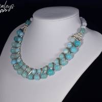 Halskette, Damen Edelsteinkette Collier Schmuck aus hell blauen Achat Bild 3