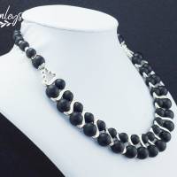 Halskette, Damen Edelsteinkette Collier Schmuck aus schwarzen, matten Achat Perlen Bild 2
