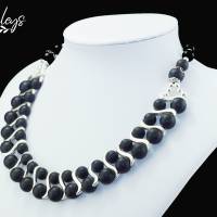 Halskette, Damen Edelsteinkette Collier Schmuck aus schwarzen, matten Achat Perlen Bild 3