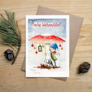 Weihnachtskarte "kleiner Wichtel", Faltkarte für Kinder zu Weihnachten, niedliche Klappkarte, Original Illustrat Bild 1