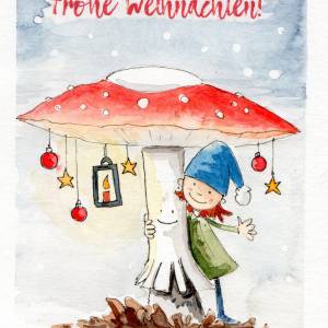Weihnachtskarte "kleiner Wichtel", Faltkarte für Kinder zu Weihnachten, niedliche Klappkarte, Original Illustrat Bild 2