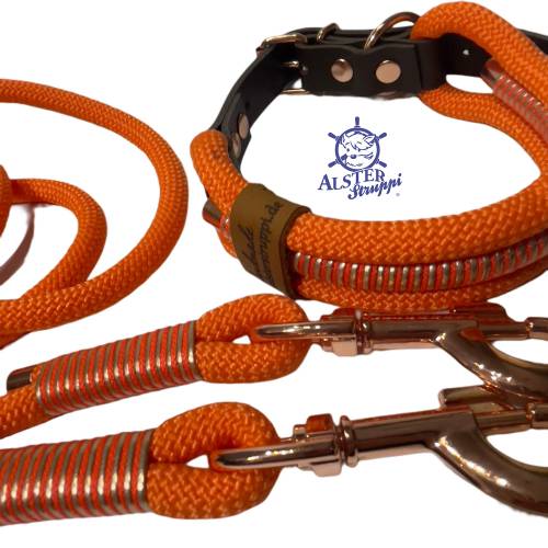 Leine Halsband Set, orange, rosegold, edel und hochwertig, auf Wunsch auch Messing oder Edelstahl, verstellbar