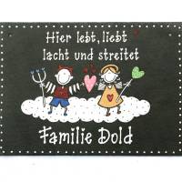 Schieferschild Familie personalisiert, Türschild Schiefer Engel und Teufel handbemalt, Namensschild, Familienschild bunt Bild 1