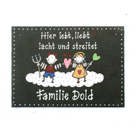 personalisiertes Geschenk für Paare, Türschild aus Schiefer mit Engel und Teufel, Haustürschild mit Namen