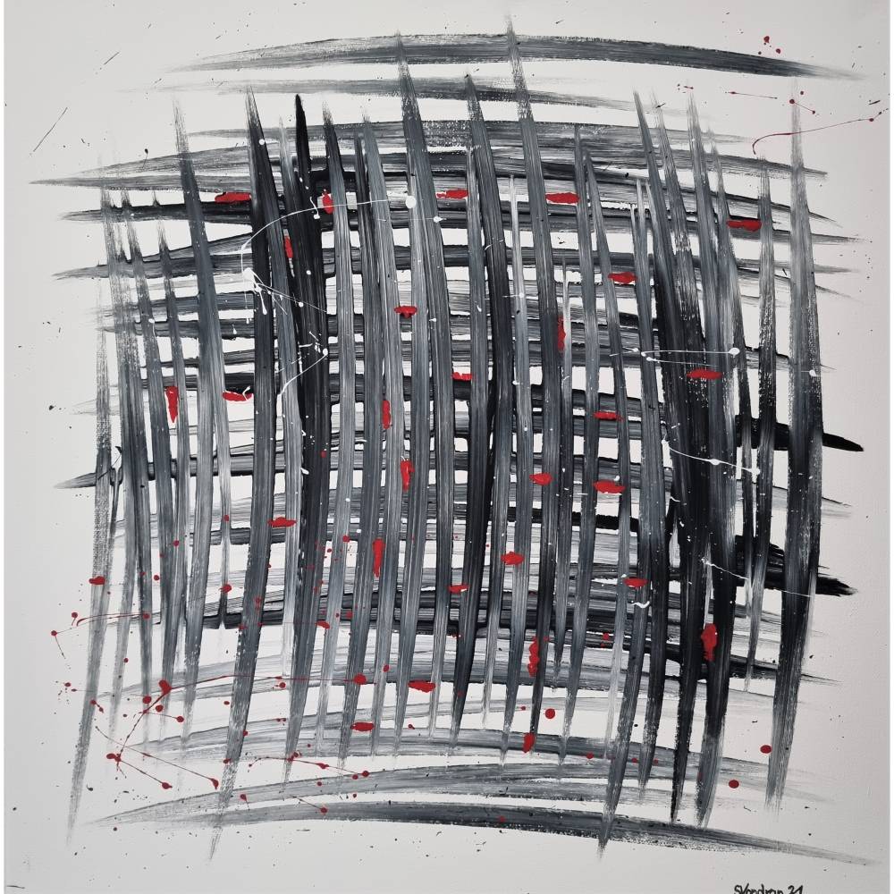 Abstrakte Acryl Malerei in Schwarzweiß mit Rot Unikat Malen auf Leinwand Acrylbild Gemälde Bild 1