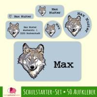 Schulstarter-Set | Wolf grau - 50 teilig, Namensaufkleber, Stifteaufkleber, Schuletiketten Bild 1