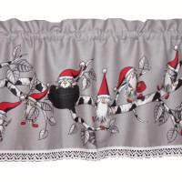 Nr. 1542 Scheibengardine, Weihnachtsgardine,"Weihnachtswichtel auf dem Ast", graugrundig, rot, weiß, schwarz Bild 1