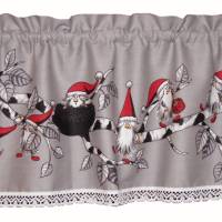 Nr. 1542 Scheibengardine, Weihnachtsgardine,"Weihnachtswichtel auf dem Ast", graugrundig, rot, weiß, schwarz Bild 2