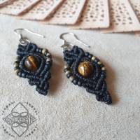 Ohrring-Paar mit Tigerauge- und Glasperlen-Perlen in schwarz - 925 Silber - Makramee Bild 3