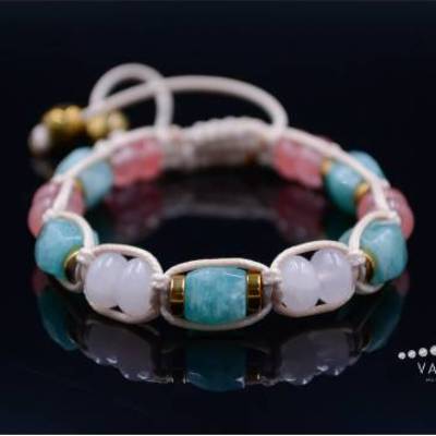 Damen Armband aus Edelsteinen Amazonit Quarz und Hämatit mit Knotenverschluss, Makramee Armband, LIMITED EDITION