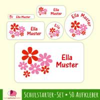 Schulstarter-Set | Blumen rosa-rot - 50 teilig, Namensaufkleber, Stifteaufkleber, Schuletiketten Bild 1