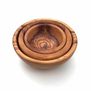 3er Set Schalen rund, Schüssel, Schälchen, Holzschale, Dipschale handgefertigt aus Olivenholz. Bild 1