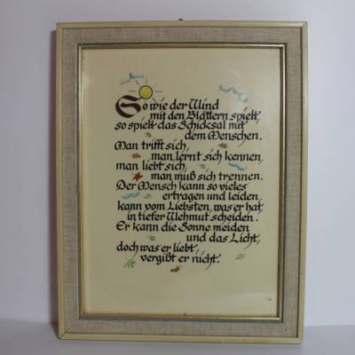 Vintage Bilderrahmen Holz, lackiert mit Spruch Kalligrafie und Aquarell