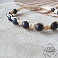 Armband mit schwarzen Sandelholz-Perlen in beige - extra groß/lang - Unisex - größenverstellbar - Makramee Bild 3
