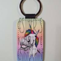 Schlüsselanhänger aus Kunstleder, quadratisch, Einhorn, Pferd, Regenbogen Bild 1