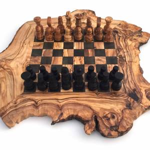 Schachspiel rustikal, Schachbrett Gr. L inkl. Schachfiguren, aus Olivenholz, in Handarbeit Bild 1