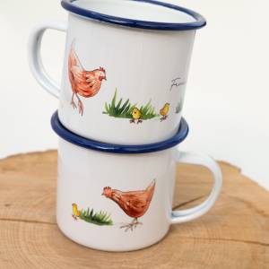 Emaille-Tasse mit Hühnern, Geschenk Tasse mit Hühnern und Kücken, Kindertasse zum Geburtstag, Personalisierbar Bild 5