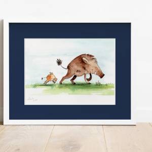 Wildschweine Bild mit Passepartout, Original Zeichnung, Kinderzimmer-Bild, Wanddeko, niedliche Illustration, Kinderwandk Bild 1