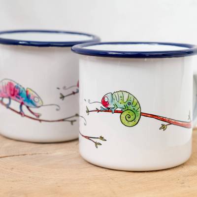 Emaille-Tasse Chamäleons, Geschenk Tasse mit Chamäleons, Kindertasse zum Geburtstag, Personalisierbar