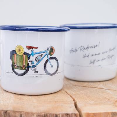 Emaille-Tasse Fahrrad, Geschenk Tasse für Fahrradfahrer, Radreise Tasse, personalisierbar