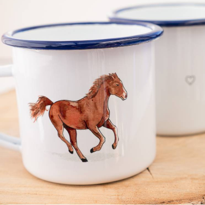 Emaille-Tasse mit Pferd, Geschenk Tasse mit Pferde Motiv, Kindertasse zum Geburtstag, personalisierbar