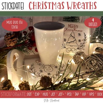 Digitale Stickserie Christmas Wreaths Mug Rugs ITH 13x18 (5x7") 