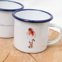Emaille-Tasse Rotkehlchen, Geschenk Tasse mit Vogel Illustration, personalisierbar Bild 1