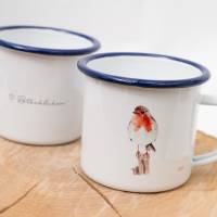 Emaille-Tasse Rotkehlchen, Geschenk Tasse mit Vogel Illustration, personalisierbar Bild 2